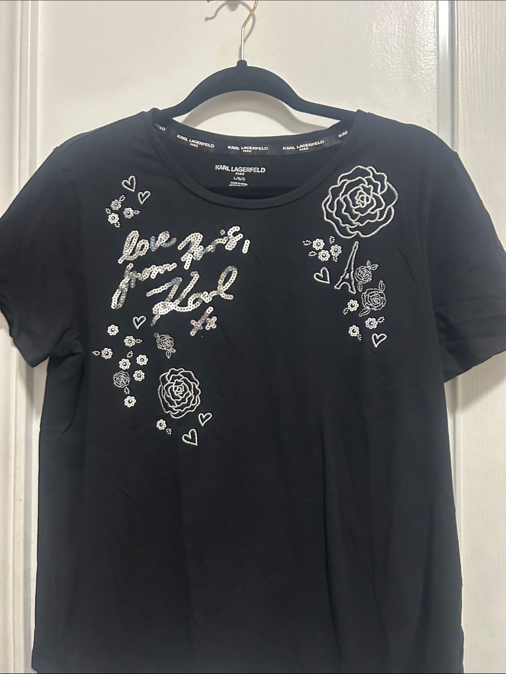 Karl Lagerfeld Black Sequin Script & Floral Short Sleeve Tee
